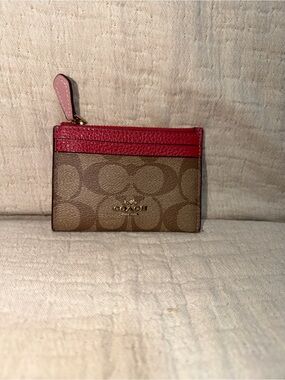 Coach Brown Signature Canvas Card Case with Red Trim